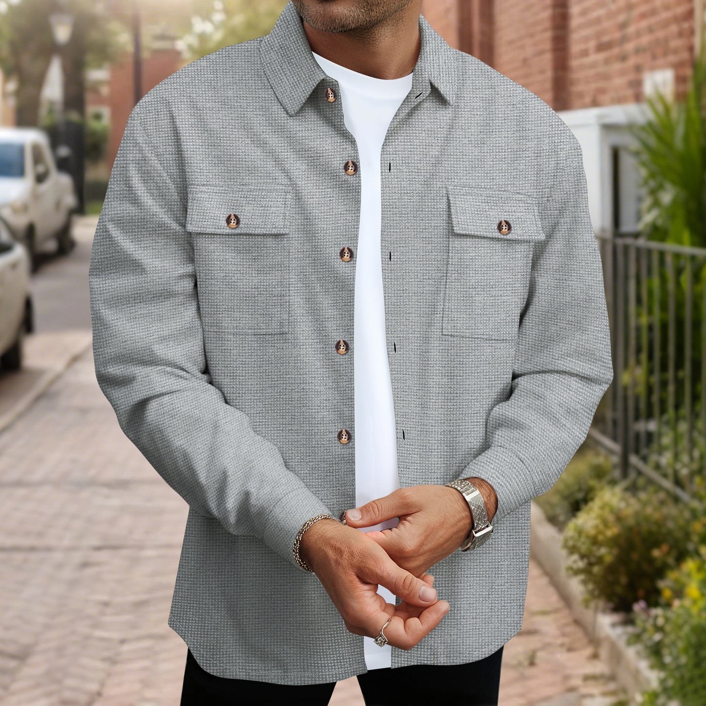 Men's Solid Color Waffle Double Pocket Button-up Long Sleeve Casual Shirt