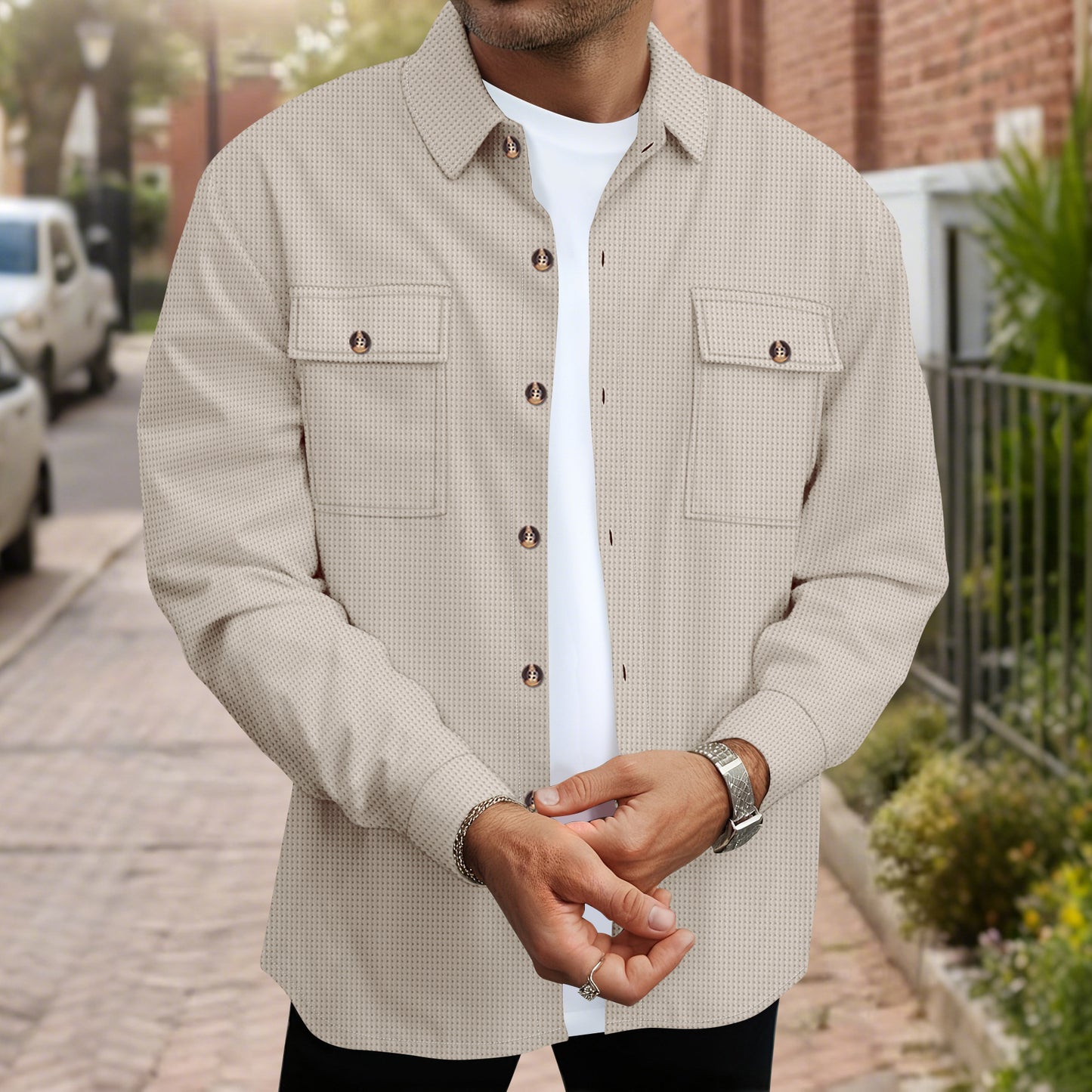 Men's Solid Color Waffle Double Pocket Button-up Long Sleeve Casual Shirt