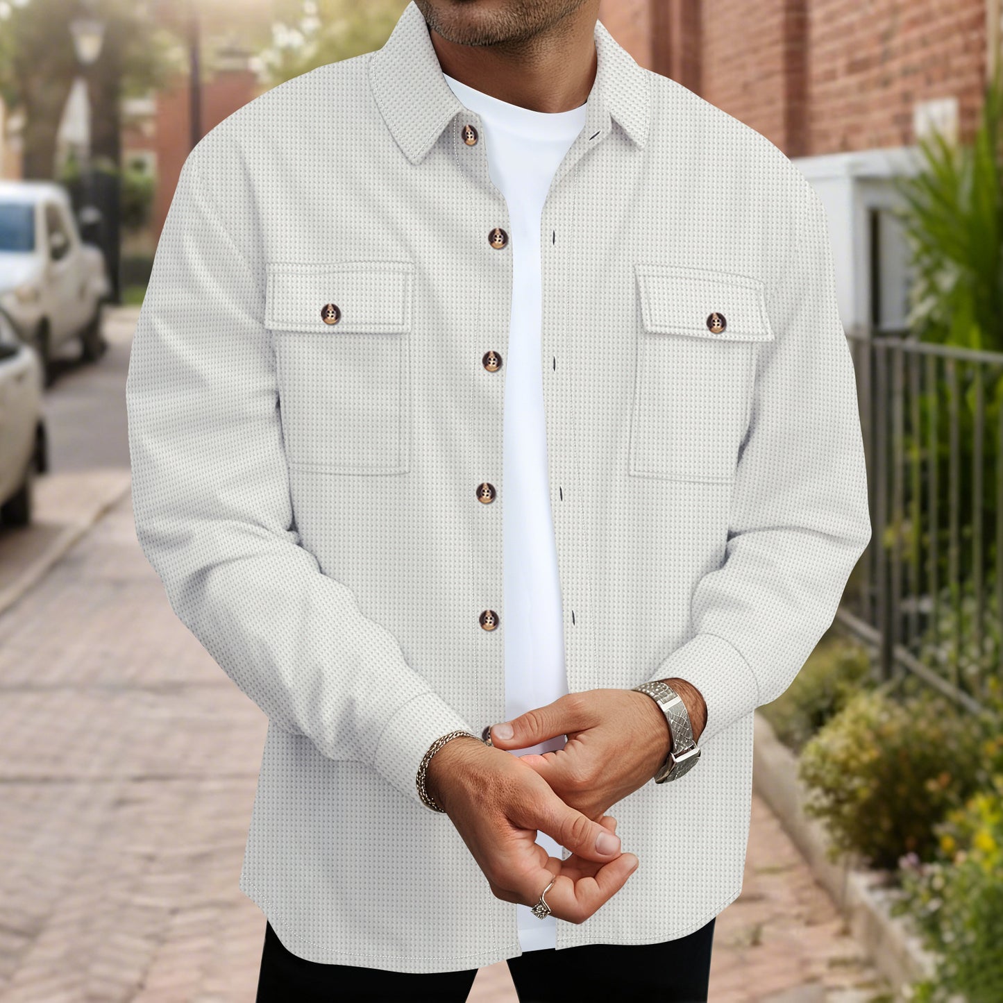 Men's Solid Color Waffle Double Pocket Button-up Long Sleeve Casual Shirt
