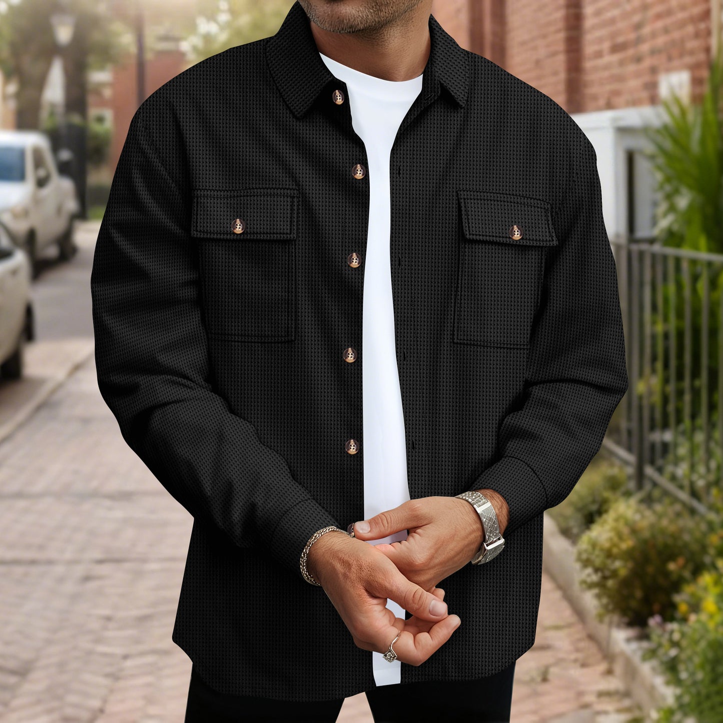 Men's Solid Color Waffle Double Pocket Button-up Long Sleeve Casual Shirt
