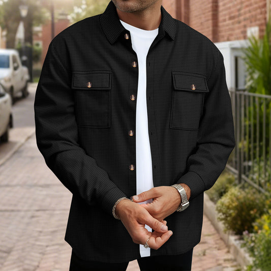Men's Solid Color Waffle Double Pocket Button-up Long Sleeve Casual Shirt
