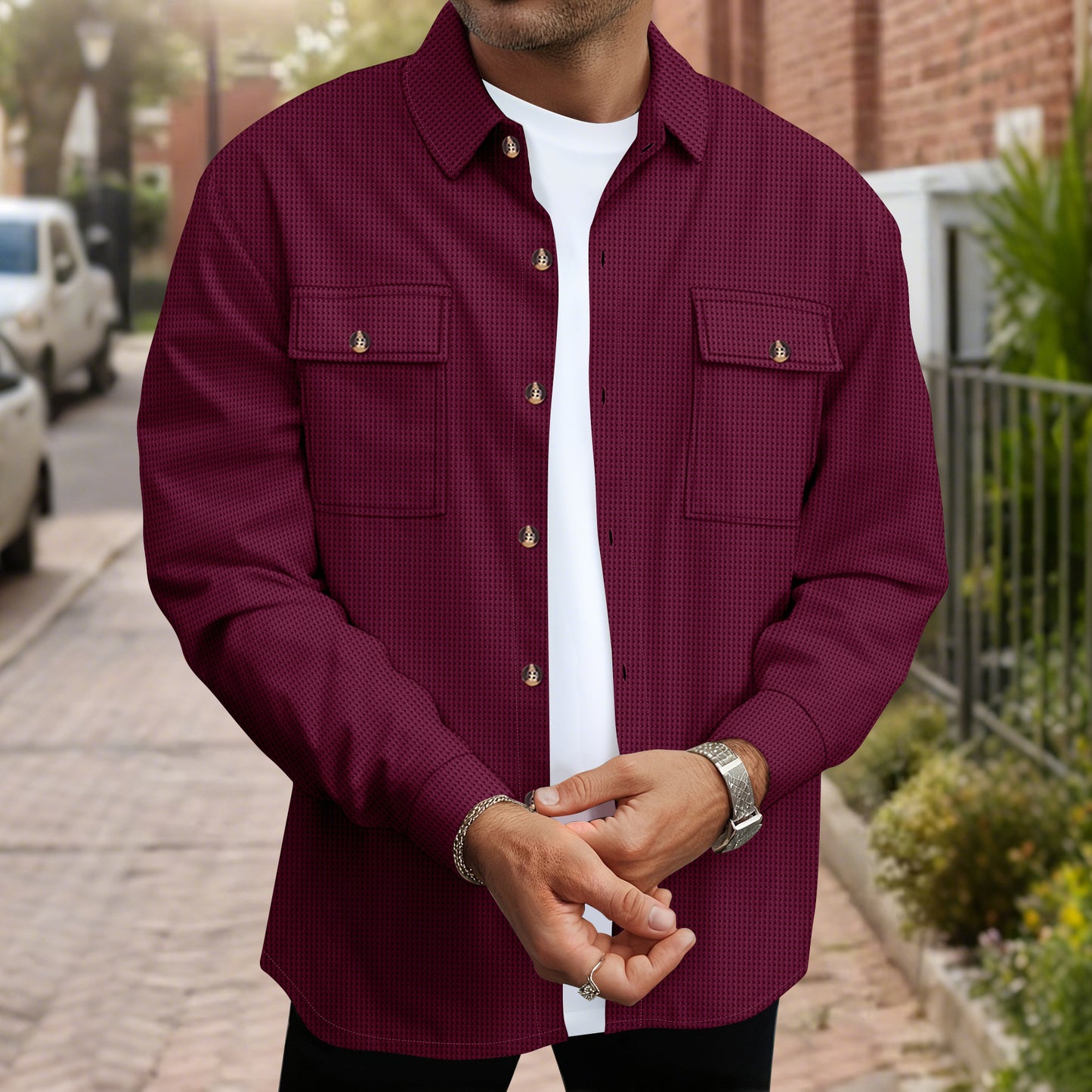 Men's Solid Color Waffle Double Pocket Button-up Long Sleeve Casual Shirt