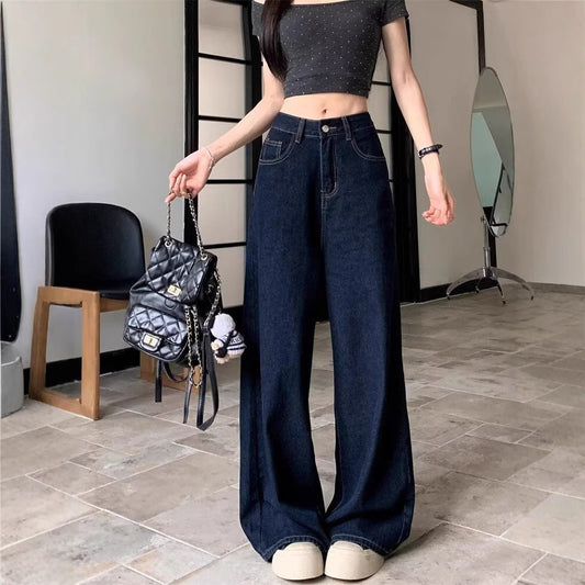 Dark Blue Dad Waist Slimming Wide-leg Pants For Outerwear